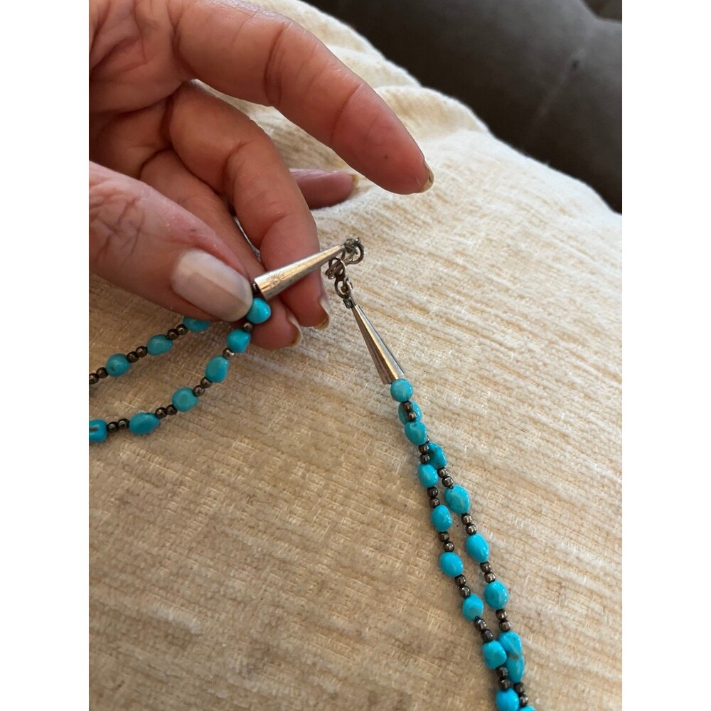 Vintage Genuine Turquoise Sterling Silver 2 strand bead necklace Native American - Picture 2 of 11